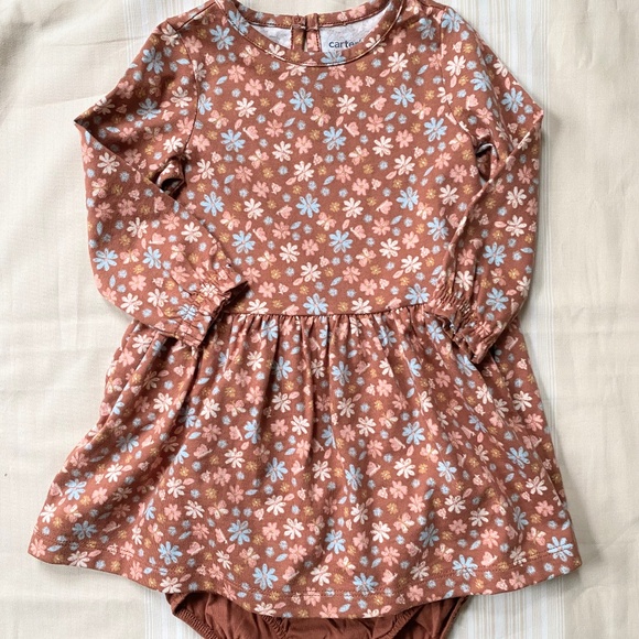 NWT Carter's Baby Girl 2-Piece Dress Set 12 mo Light Brown Floral + Diaper Cover - Picture 4 of 10
